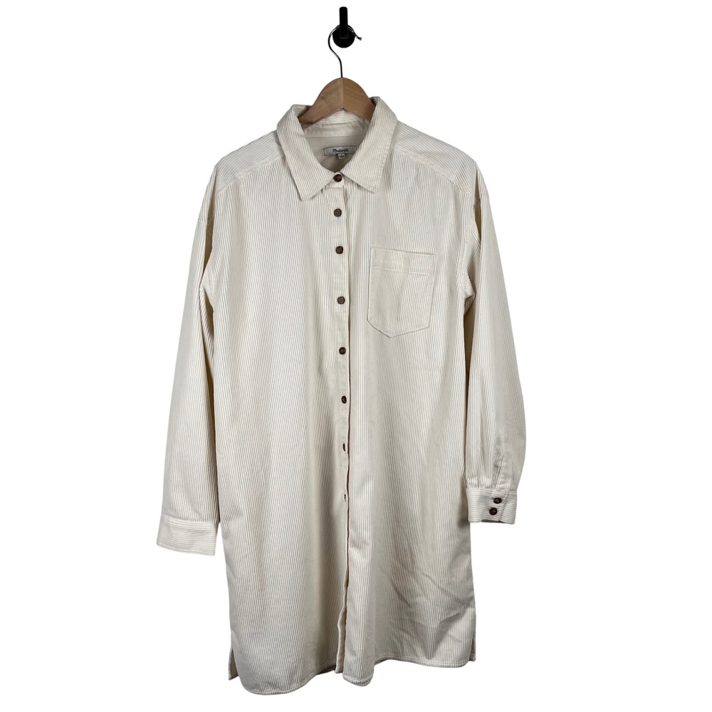 Madewell Cream Corduroy Button Down Shirt Dress Long Sleeve Pockets Womens L - Picture 1 of 11